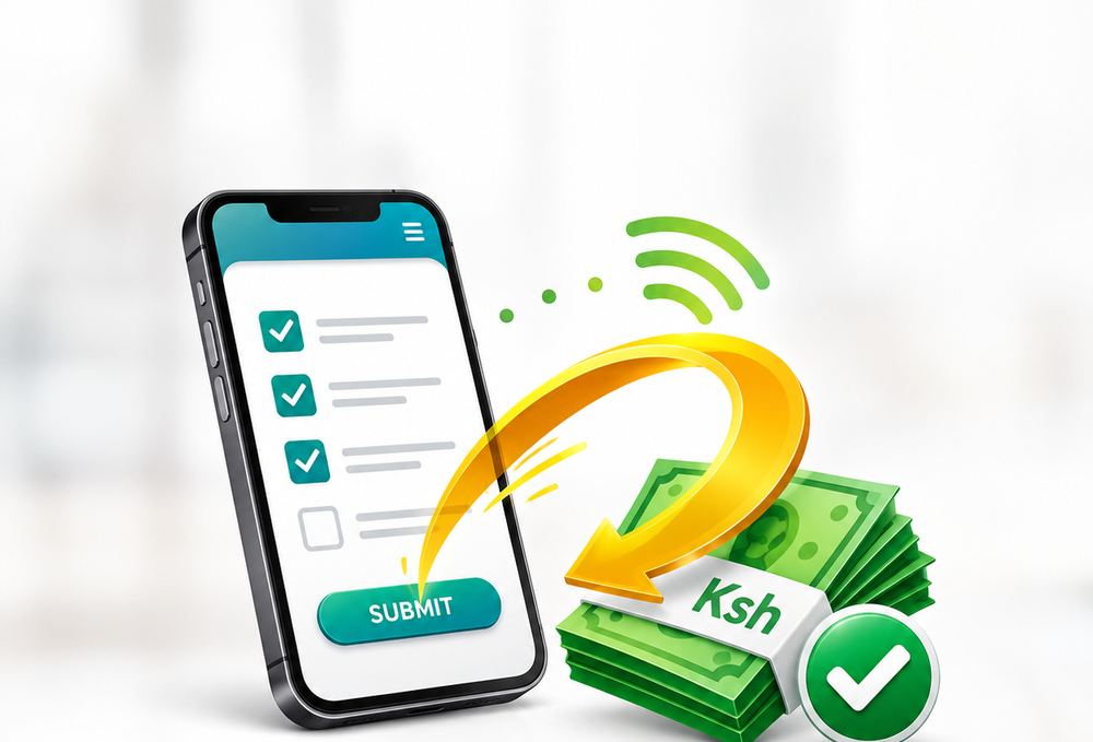 Phone screen showing a completed survey submit button next to Ksh cash on SurveyMpesa